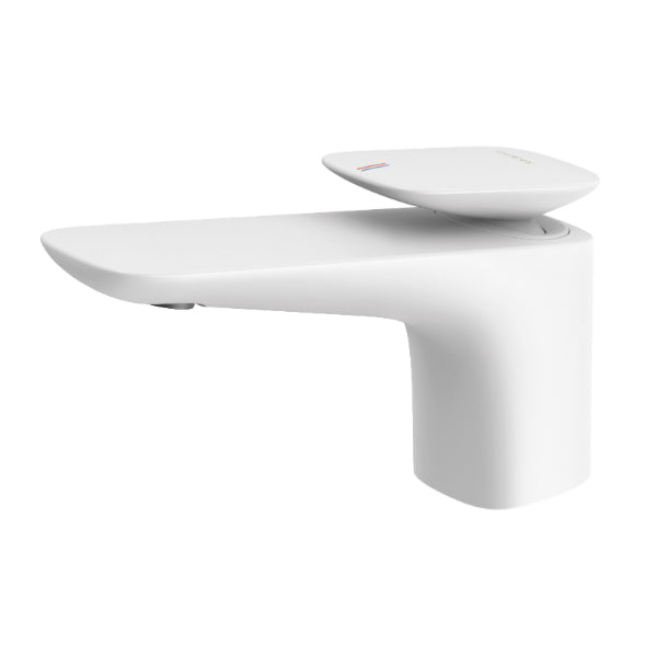 Phoenix Nuage basin mixer tap in matte white, sculptural hob mounted design with flat lever and curved spout