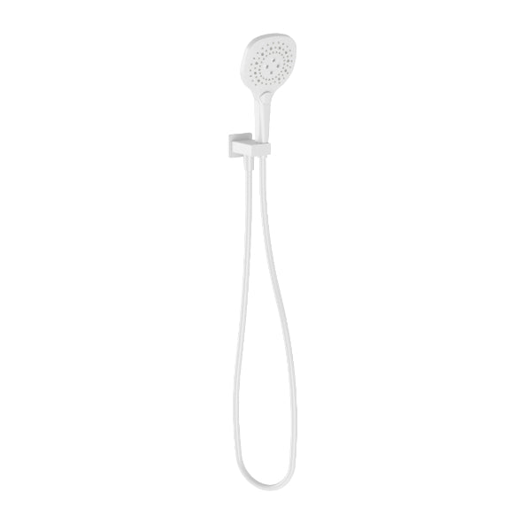 Phoenix Nuage matte white square hand shower with hose and wall holder, front view on white background