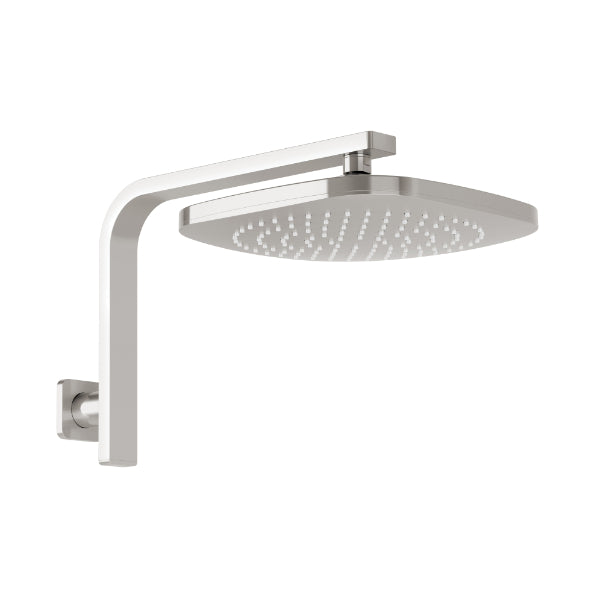 Phoenix Nuage hi rise wall shower arm and round rose in brushed nickel, wall mounted shower head on white background