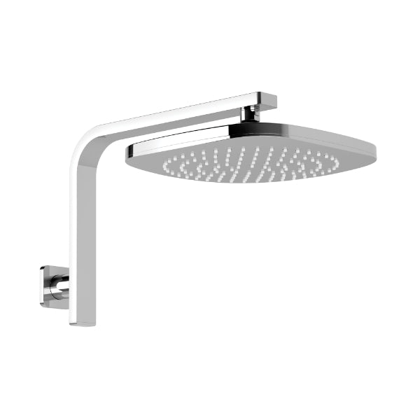 Phoenix Nuage hi rise wall shower arm and square rain shower head in chrome, front view on white background