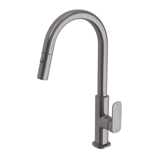 Phoenix Nuage pull out sink mixer in brushed carbon, tall curved kitchen tap with single lever handle