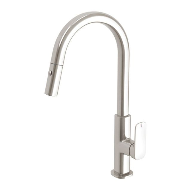 Phoenix Nuage pull out sink mixer in brushed nickel, with curved gooseneck spout and side lever handle