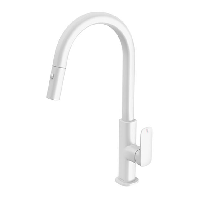 Phoenix Nuage pull out sink mixer in matte white, with curved spout and single lever handle on white background