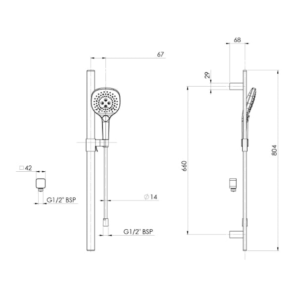Phoenix Nuage chrome rail shower technical drawing, showing wall-mounted rail, handpiece and dimensions