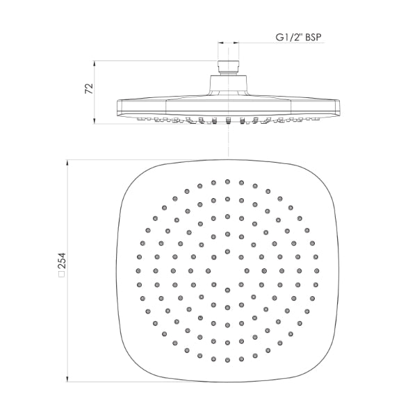 Phoenix Nuage square shower rose, brushed nickel, technical drawing with dimensions and G1/2" BSP connection