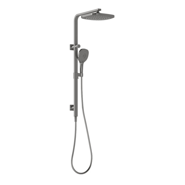 Phoenix Nuage twin shower in brushed carbon, with overhead rain head and hand shower on rail, wall mounted.