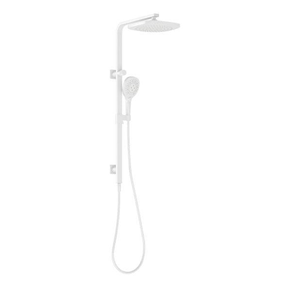 Phoenix Nuage twin shower in matte white, with overhead rail shower and adjustable handpiece