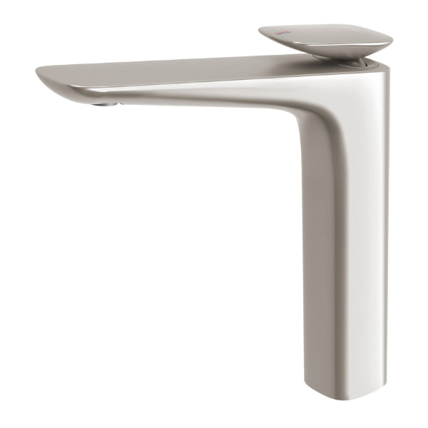 Phoenix Nuage vessel mixer in brushed nickel, tall curved basin tap on white background