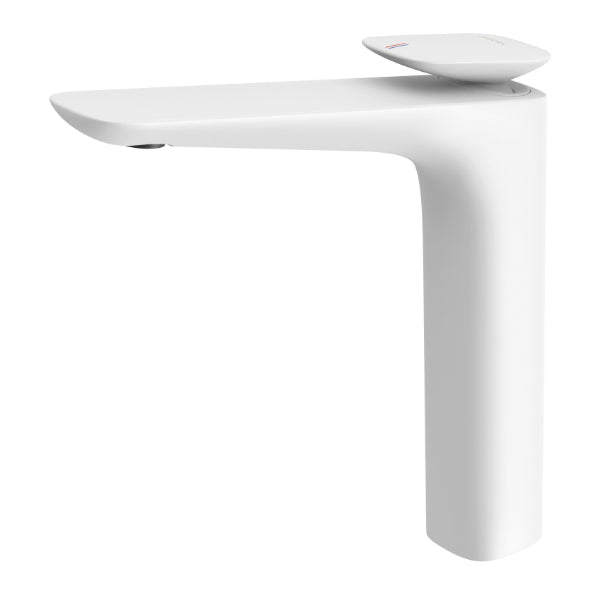 Phoenix Nuage vessel mixer tap in matte white, tall curved basin mixer with single lever, side view on white background