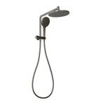 Phoenix Ormond compact twin shower in brushed carbon, with overhead drencher, handset and hose on white background