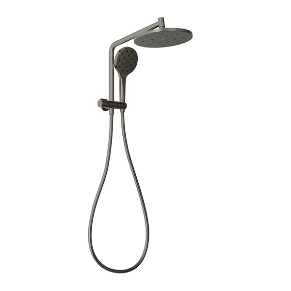 Phoenix Ormond compact twin shower in brushed carbon, with overhead drencher, handset and hose on white background