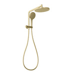 Phoenix Ormond compact twin shower in brushed gold, with overhead drencher, hand shower and hose on white background