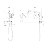 Phoenix Ormond Compact Twin Shower matte black technical drawing showing overhead rose, handset and dimensions