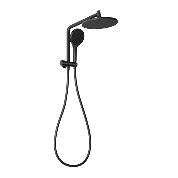 Phoenix Ormond twin shower in matte black, with overhead drencher, handpiece and hose on wall-mounted rail