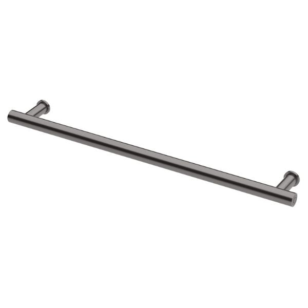 Phoenix heated towel rail, round 800mm single bar in brushed carbon finish, angled studio view