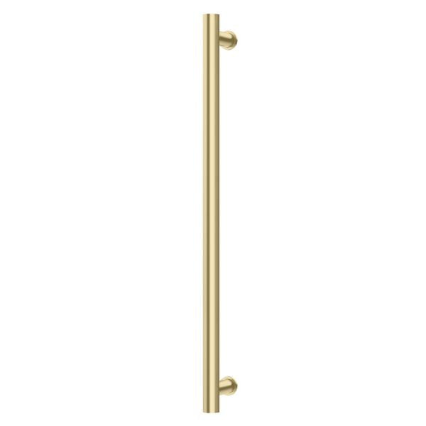 Phoenix brushed gold round heated towel rail, single bar, vertical on white background
