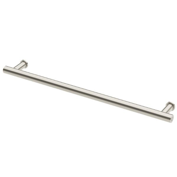 Phoenix heated towel rail round 800mm in brushed nickel, shown in angled product view with wall mounts