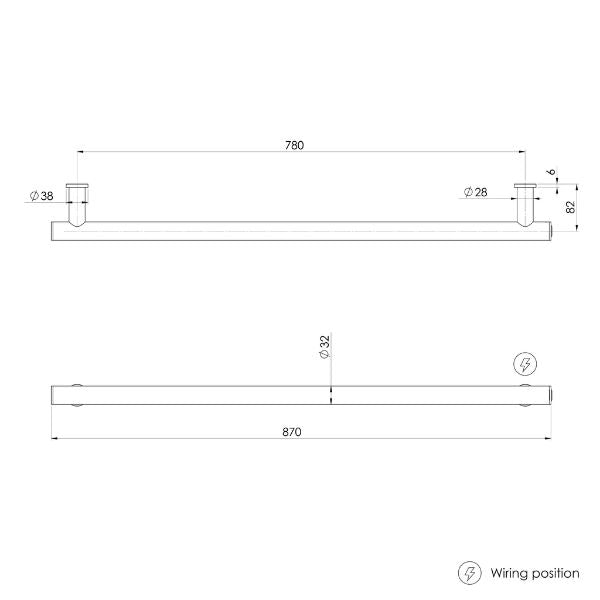 Phoenix Heated Towel Rail Round 800mm brushed nickel technical drawing, showing front and side views with dimensions and wiring position