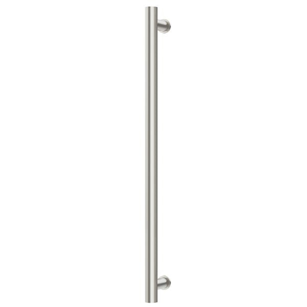 Phoenix heated towel rail, round single bar, brushed nickel, vertical wall-mounted view