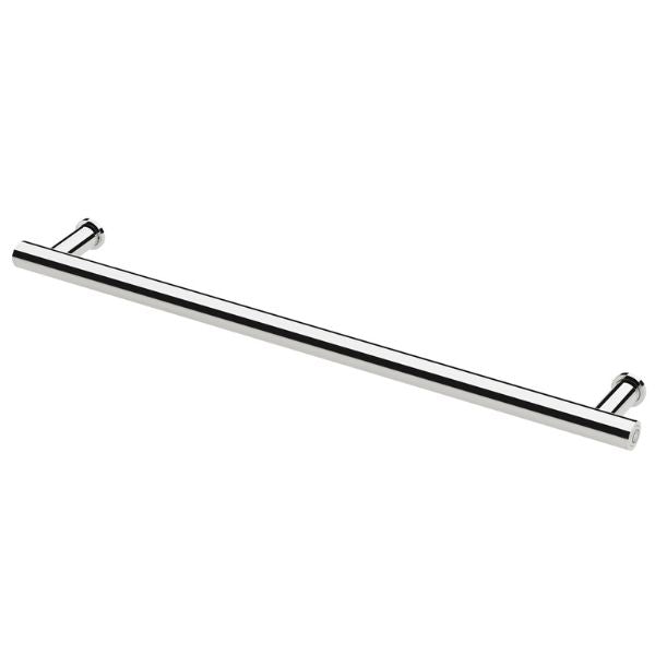 Phoenix heated towel rail, chrome round single bar, shown horizontally on white background