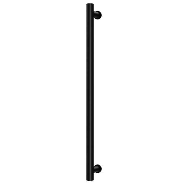 Phoenix heated towel rail, round 800mm single bar, matte black, vertical wall-mounted view on white background
