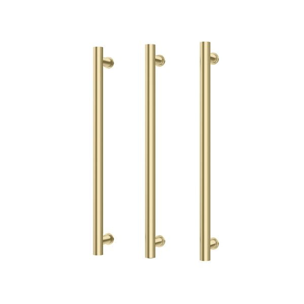 Phoenix heated triple towel rail in brushed gold, three round vertical bars on a white background