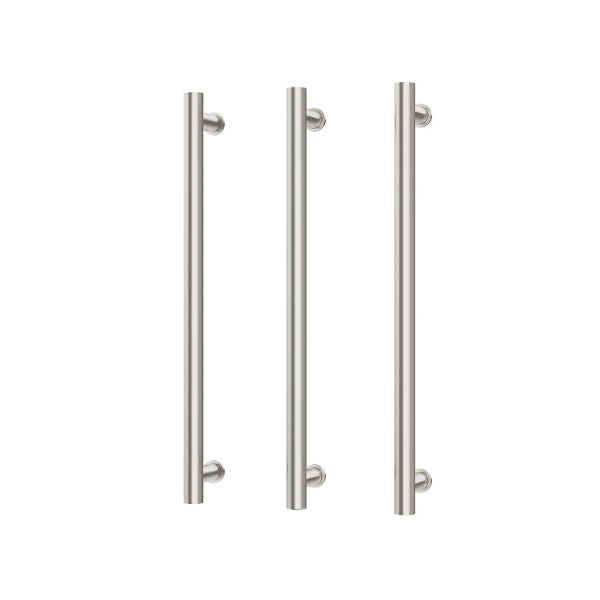 Phoenix heated triple towel rail set in brushed nickel, round 600mm design with three vertical rails on white background