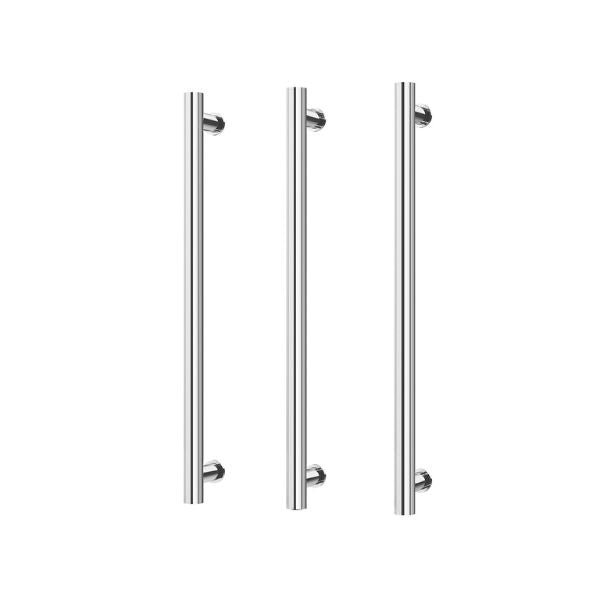 Phoenix heated triple towel rail in chrome, three slim round vertical rails shown on a white background
