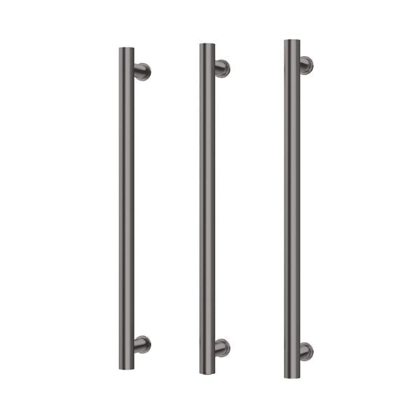 Phoenix heated triple towel rail, brushed carbon, with three round vertical rails on a white background