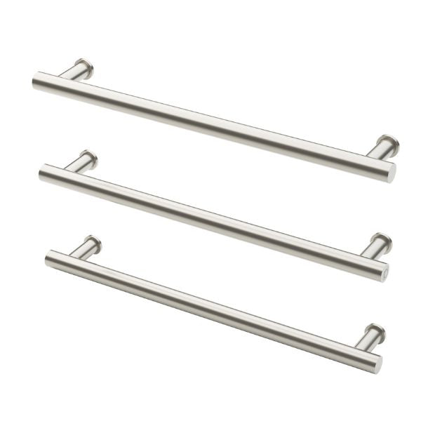 Phoenix heated triple towel rail, brushed nickel, 3 round bars on a white background