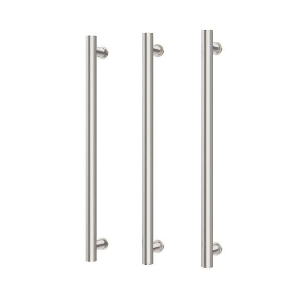 Phoenix heated triple towel rail, round 800mm, brushed nickel, three vertical bars on white background