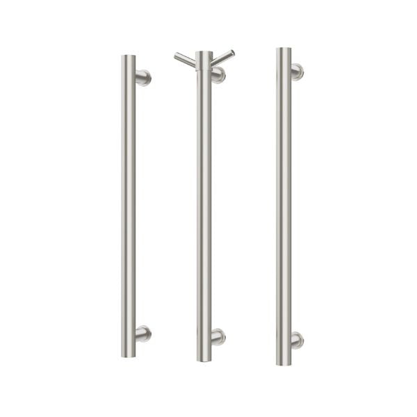Phoenix heated triple towel rail, round brushed nickel, 3-bar vertical rail set on white background