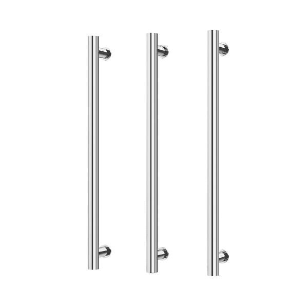 Phoenix heated triple towel rail, chrome round 800mm, shown front on with three vertical bars on a white background