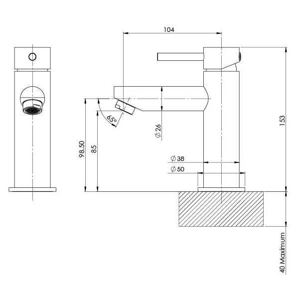 Phoenix Pina basin mixer technical drawing in brushed nickel, showing front and side views with dimensions.