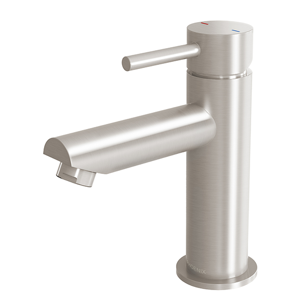 Phoenix Pina basin mixer in brushed nickel, side view, with slim lever handle and curved spout on white background