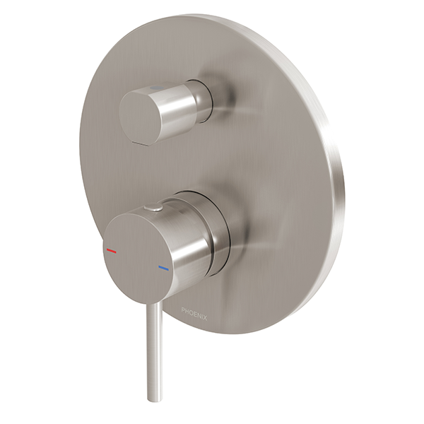 Phoenix Pina brushed nickel shower/bath diverter tap with round wall plate and slim lever handle