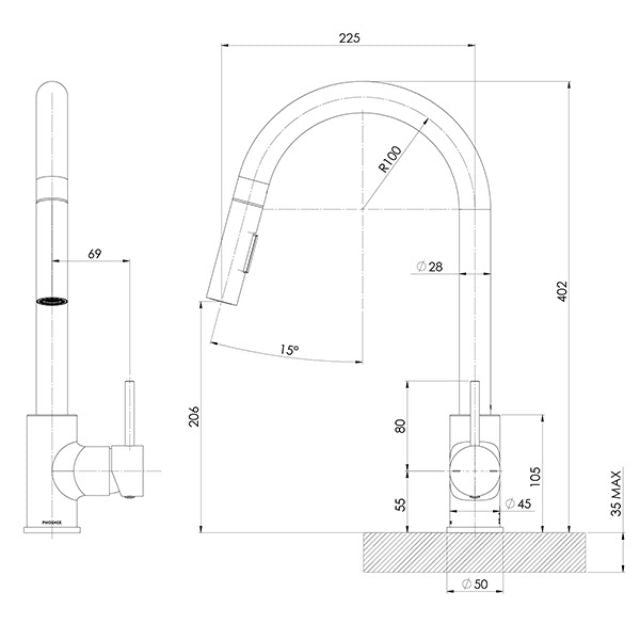 Phoenix Pina pull out sink mixer technical drawing in brushed nickel, showing dimensions and side/front views
