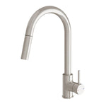 Phoenix Pina pull out sink mixer in brushed nickel, with arched spout and side lever, on white background