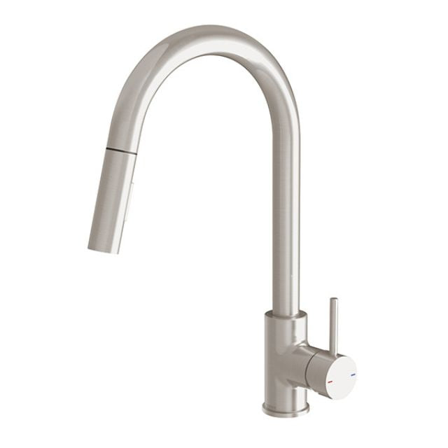 Phoenix Pina pull out sink mixer in brushed nickel, with arched spout and side lever, on white background