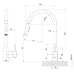 Technical line drawing of a Phoenix Pina chrome pull out sink mixer, showing front and side views with dimensions