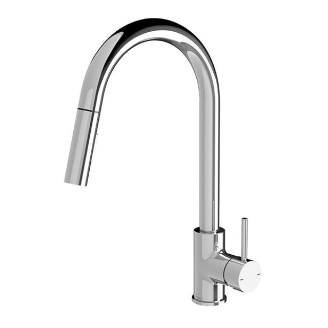 Phoenix Pina pull out sink mixer in chrome, hob mounted with curved gooseneck spout and side lever on white background