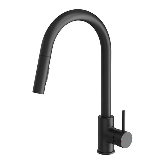 Phoenix Pina pull out sink mixer in matte black, with curved gooseneck spout and single lever handle, front view