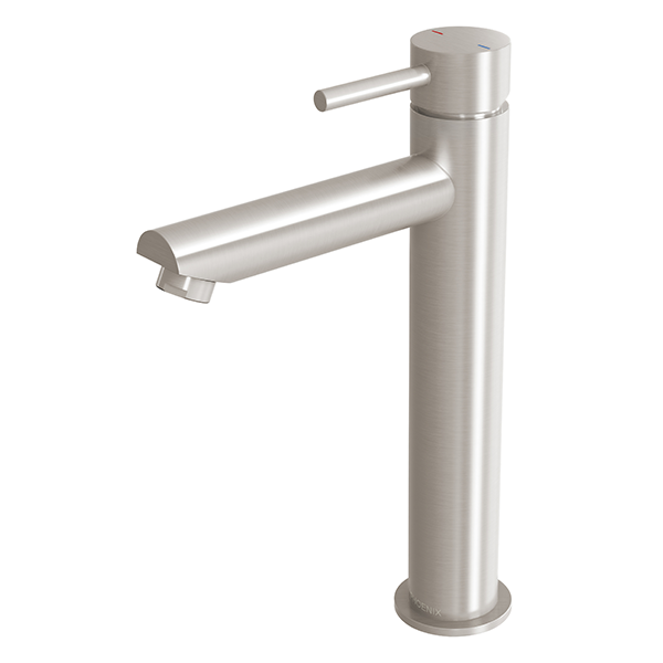 Phoenix Pina vessel mixer in brushed nickel, tall cylindrical basin tap with side lever on white background