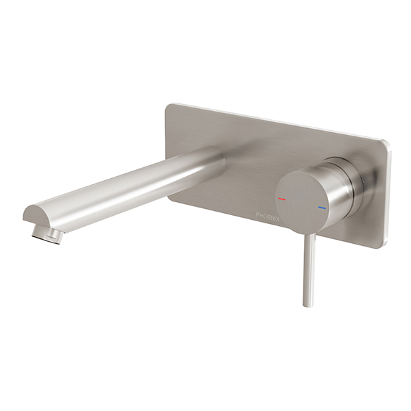 Phoenix Pina wall basin/bath mixer set in brushed nickel, with slim lever and 180mm spout on rectangular backplate