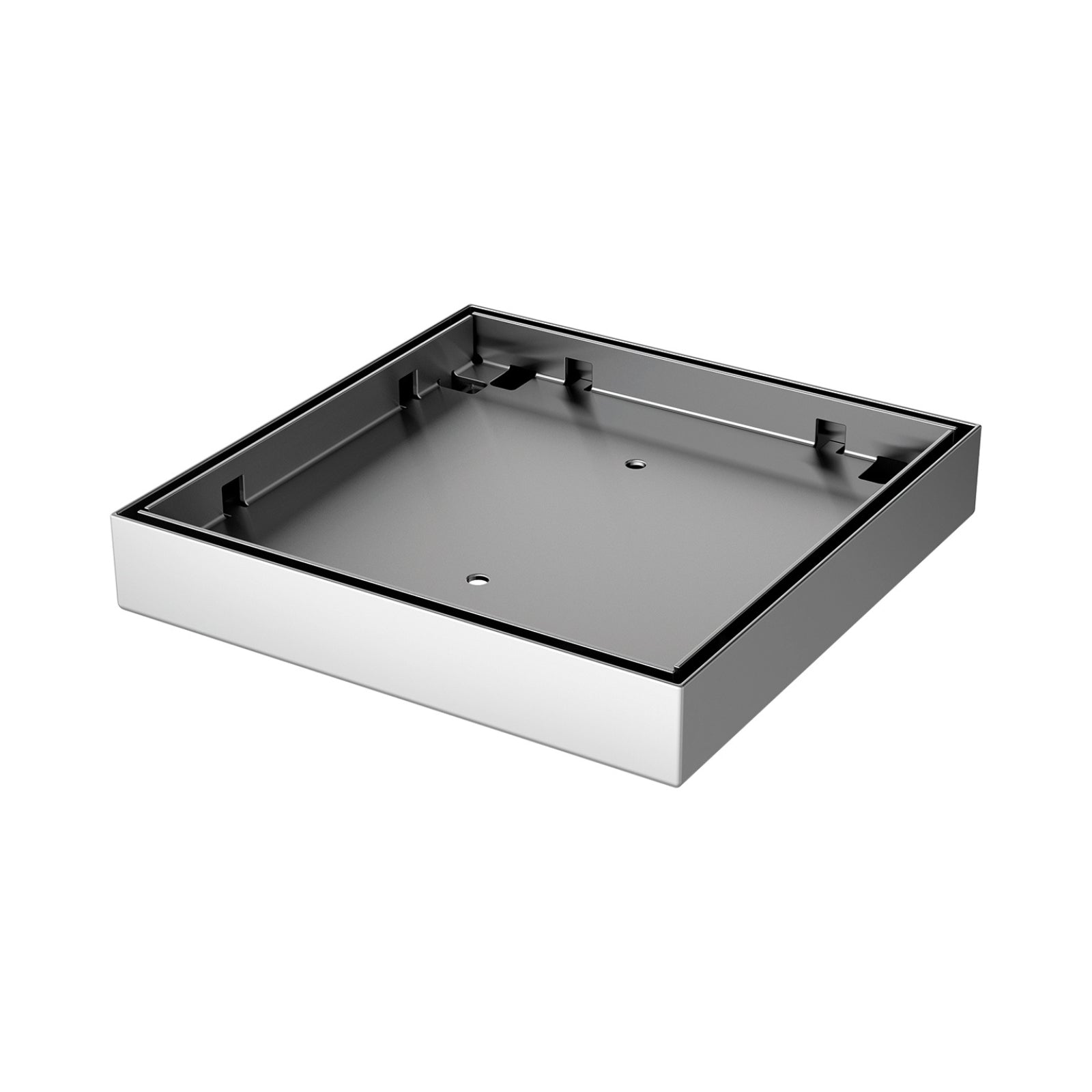 Phoenix Point Drain TI tile insert floor waste, square stainless steel, angled view with black insert frame