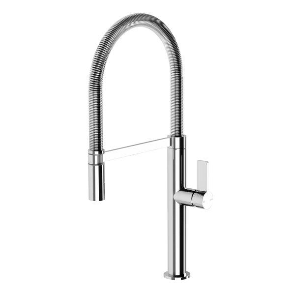 Phoenix Prize flexible coil sink mixer in polished chrome, pull-down kitchen tap with high arched hose and side lever