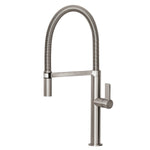 Phoenix Prize flexible coil sink mixer in brushed nickel, with pull-down hose and swivel spout, front view