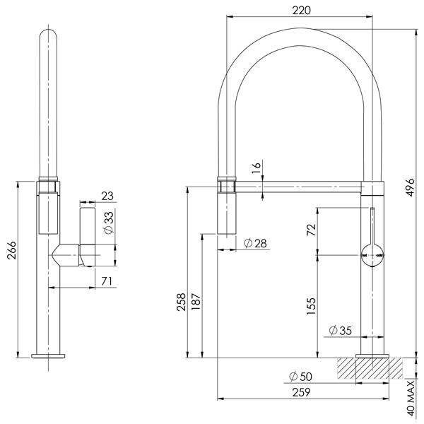Phoenix Prize flexible coil sink mixer technical drawing in brushed nickel, showing side and front views with dimensions.
