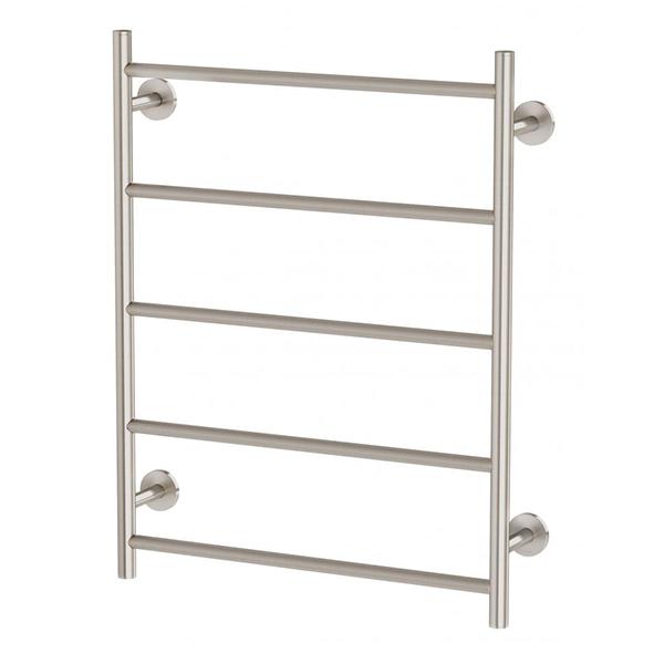 Phoenix Radii heated towel ladder in brushed nickel with five round bars and round wall plates, front view on white background
