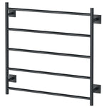 Phoenix Radii heated towel ladder in matte black, 5-bar round rail with square wall mounts, front view on white background